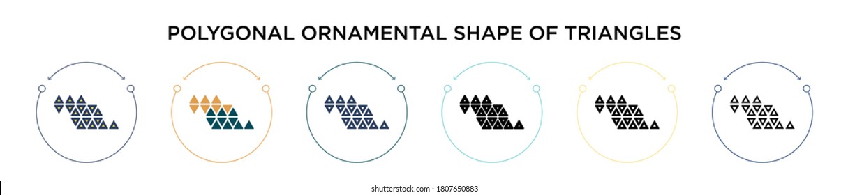 Polygonal ornamental shape of triangles icon in filled, thin line, outline and stroke style. Vector illustration of two colored and black polygonal ornamental shape of triangles vector icons designs 