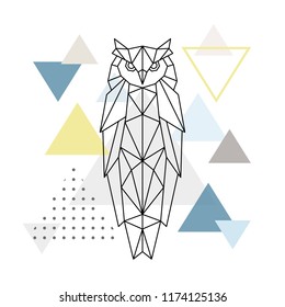 Polygonal owl on abstract background with triangles. Poster in Scandinavian style. Animal vector illustration.