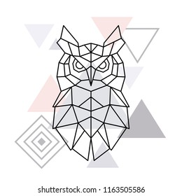 Polygonal Owl on minimalist triangle background. Geometric poster. Vector design template.