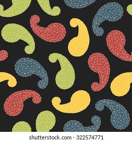 Polygonal paisley background. Seamless pattern. Low-poly polygonal textures. Abstract backdrop made of triangles. Geometric paisley backdrop.