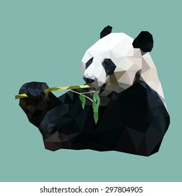 Polygonal Panda Eating Bamboo, Polygon Animal, Vector Illustration