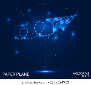 Ein polygonales Papierflugzeug, das durch seine Route gleitet und mit Dreiecken, Punkten und einem Liniennetz gestaltet ist. Diese Low-Poly-Struktur zeigt eine moderne technologische Ästhetik im Vektorformat.
