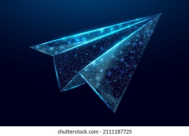 Polygonal paper plane. Business startup, innovation, growth, travel, way forward freedom concept. Wireframe low poly plane. Isolated on dark blue background. Vector illustration.