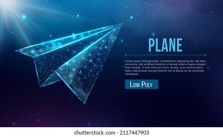 Polygonal paper plane. Business startup, innovation, growth, travel, way forward freedom concept. Wireframe low poly plane. Vector illustration.