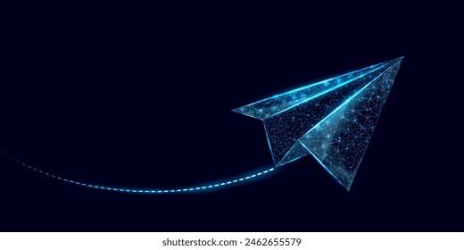 Polygonal paper plane. Business startup, innovation, growth, travel, way forward freedom concept. Wireframe low poly plane. Vector illustration.