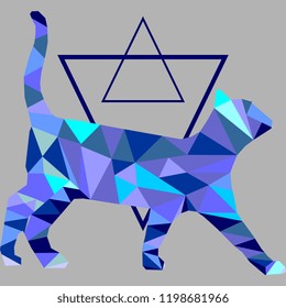 Polygonal pattern of cat vector illustration blue colors theme. Animal polygon style.