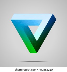 Polygonal Penrose triangle.  Blue - green gradient Impossible geometric element. Optical illusion. Low poly design.