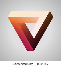 Polygonal Penrose triangle. Carrot Orange - Eggplant (orange-pink) gradient. Impossible geometric element. Optical illusion. Low poly design.