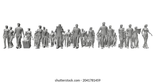 Polygonal people are walking, standing in different poses. Front view. 3D. Vector illustration