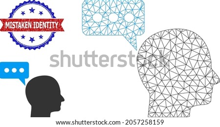 Polygonal personal opinion wireframe illustration, and bicolor textured Mistaken Identity watermark. Mesh carcass illustration is designed with personal opinion icon.