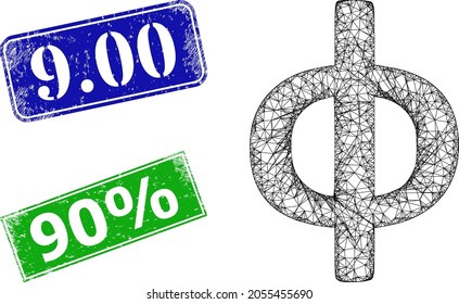 Polygonal Phi Greek lowercase symbol image, and 9.00 blue and green rectangle grunge stamps. Mesh carcass image designed with Phi Greek lowercase symbol pictogram. Stamps have 9.