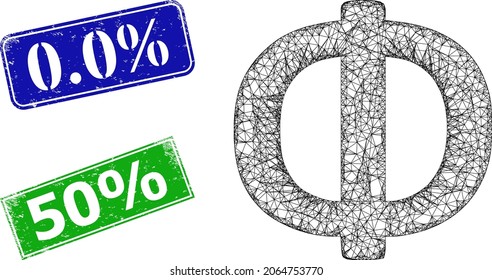 Polygonal Phi Greek symbol image, and 0.0 percent blue and green rectangular dirty seals. Mesh wireframe illustration is created from Phi Greek symbol pictogram. Seals contain 0.