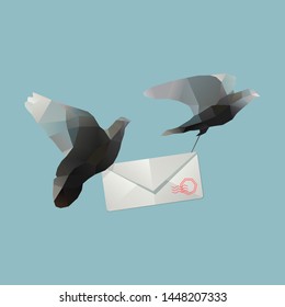 polygonal pigeons with envelope. Contanct me illustration with mail delivery