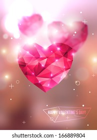 Polygonal pink hearts. Vector illustration. Blurred background with lights. Valentine's day greeting card template