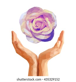 polygonal pink rose on cupped hands