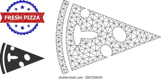 Polygonal pizza piece carcass icon, and bicolor unclean Fresh Pizza seal stamp. Mesh carcass illustration is designed with pizza piece pictogram.