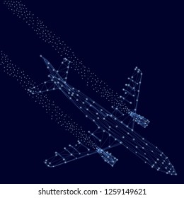 Polygonal plane. Background with the wireframe of a jet plane with a lot of shining lights. Dark blue background with passenger plane. Vector illustration.