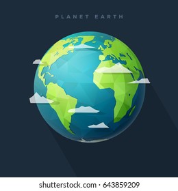 Polygonal Planet Earth, Western Hemisphere, Globe With Clouds