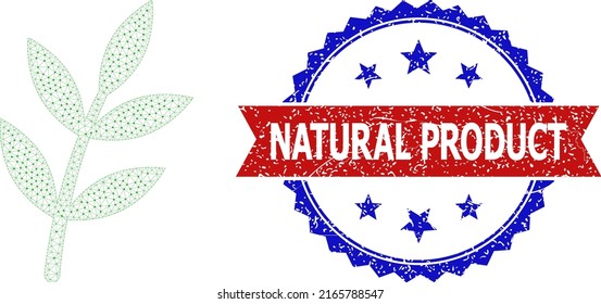 Polygonal plant sprout framework illustration, and bicolor scratched Natural Product seal. Polygonal wireframe illustration designed with plant sprout pictogram.