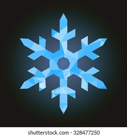 polygonal pointed snowflake ice blue on a black background