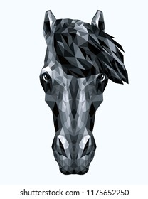 Polygonal portrait of a black horse. Vector geometric animal illustration