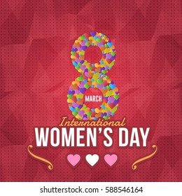 Polygonal Postcard with 8 March International Women's Day Celebration, Greeting Card Design, Vector Colorful Elements, Low Poly Background or Flyer, Poster