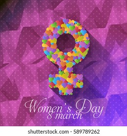 Polygonal Postcard with 8 March International Women's Day Celebration, Greeting Card Design, Vector Colorful Elements, Low Poly Background or Flyer, Poster