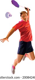 Polygonal professional badminton player doing smash shot Vector illustration