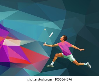 Polygonal professional badminton player on colorful low poly background. Vector illustration