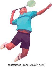 Polygonal professional badminton player on colorful low poly background doing smash shot isolated on white background