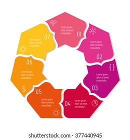 Polygonal progress steps for tutorial. 7 options paper infographic banner. Number banner template for diagram, presentation or chart. Business concept sequence banner. Curved arrow workflow layout.
