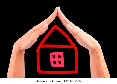 polygonal protection hands make the roof over the painted house on black