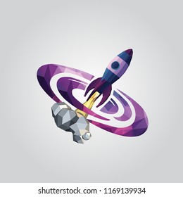 Polygonal purple galaxy illustration design. Rocket and space geometric design