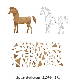 Polygonal puzzle game. Constructor from triangles. Collect a horse. Intellectual development. Poly art concept. Business idea for creative anti stress activity. 