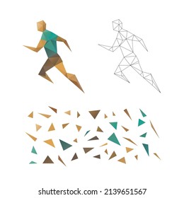 Polygonal puzzle game. Constructor from triangles. Collect a sports man running. Intellectual development. Poly art concept. Business idea for creative anti stress activity. 