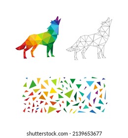 Polygonal puzzle game. Constructor from triangles. Collect a wolf. Intellectual development. Poly art concept. Business idea for creative anti stress activity. 