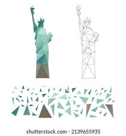 Polygonal puzzle game. Constructor from triangles. Collect a statue of liberty. Intellectual development. Poly art concept. Business idea for creative anti stress activity. 