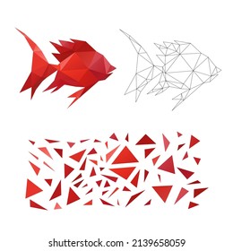 Polygonal puzzle game. Constructor from triangles. Collect a red fish. Intellectual development. Poly art concept. Business idea for creative anti stress activity. 