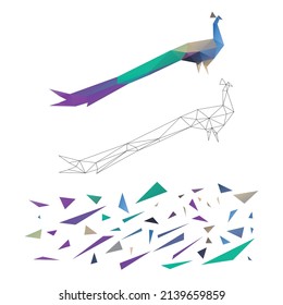 Polygonal puzzle game. Constructor from triangles. Collect a peacock. Intellectual development. Poly art concept. Business idea for creative anti stress activity. 