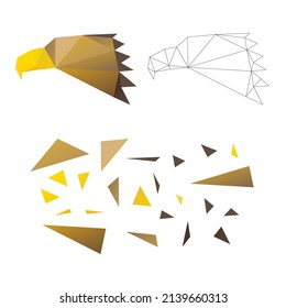 Polygonal puzzle game. Constructor from triangles. Collect a eagle head. Intellectual development. Poly art concept. Business idea for creative anti stress activity. 