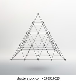 Polygonal pyramid. Pyramid of the lines connected points. Atomic lattice. Driving a constructive solution of the pyramid. White gradient background.