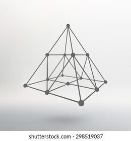 Polygonal pyramid. Pyramid of the lines connected points. Atomic lattice. Driving a constructive solution of the pyramid. White gradient background.