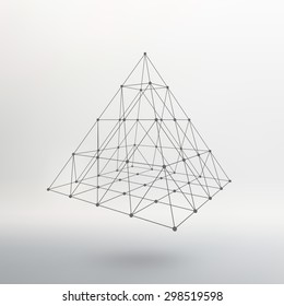 Polygonal pyramid. Pyramid of the lines connected points. Atomic lattice. Driving a constructive solution of the pyramid. White gradient background.