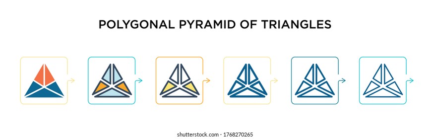 Polygonal pyramid of triangles vector icon in 6 different modern styles. Black, two colored polygonal pyramid of triangles icons designed in filled, outline, line and stroke style. Vector