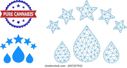 Polygonal quality water drops frame illustration, and bicolor scratched Pure Cannabis watermark. Polygonal carcass illustration created from quality water drops pictogram.