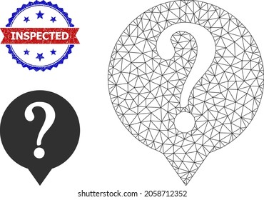 Polygonal query carcass illustration, and bicolor textured Inspected seal stamp. Mesh wireframe illustration based on query icon. Vector seal with Inspected caption inside red ribbon and blue rosette,