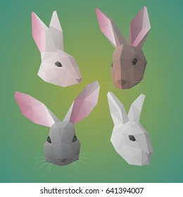 Polygonal rabbit or hare heads collection in different colors and positions on green background isolated vector illustration