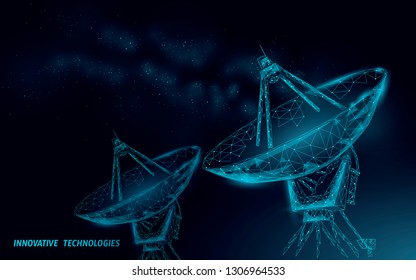 Polygonal Radar Antenna Space Defence Abstract Technology Concept. Scanning Detect Military Danger Maneuver Wireframe Mesh 3D Warfare. Satellite Aiming Vector Illustration