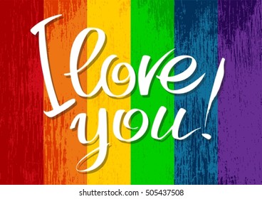 Polygonal rainbow gay flag with letters. Gay love symbol. LGBT pride symbol. Calligraphic design element for flyers or banners. I love you inscription. Valentine's Day card.