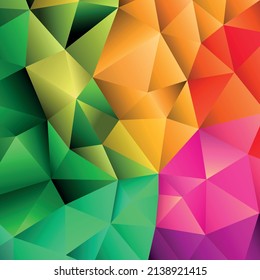 Polygonal rainbow mosaic background. Abstract low poly vector illustration. Triangular pattern, copy space. Template geometric business design with triangle for poster, banner, card, flyer.